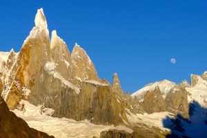 Our first view of the Torre spires (left to right Cerro Torre, Torre Egger and Cerro Standhart)