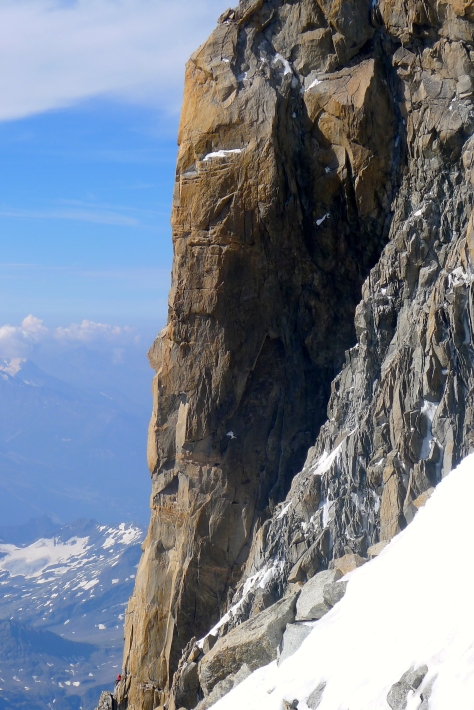 Spot the climber at the Chandelle, Central Pillar of Freney. Interesting memories of a pretty cold night spent here many years ago on my first route to the top of Mont Blanc!